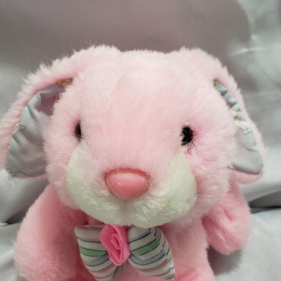 Vintage Fairview Pink Easter Bunny Rabbit Plush 7" Bow Tie Easter Print Feet Ear - Picture 1 of 7